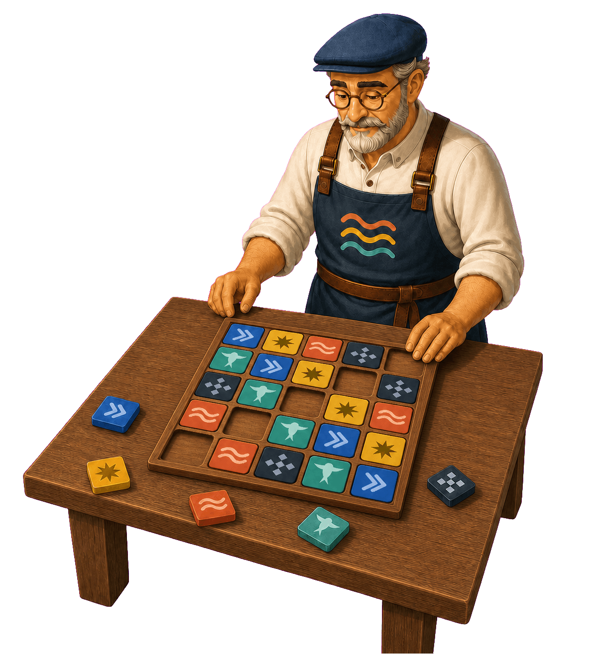 Master Lio at a five-by-five Lioza wall with five loose stones scattered on the wooden table